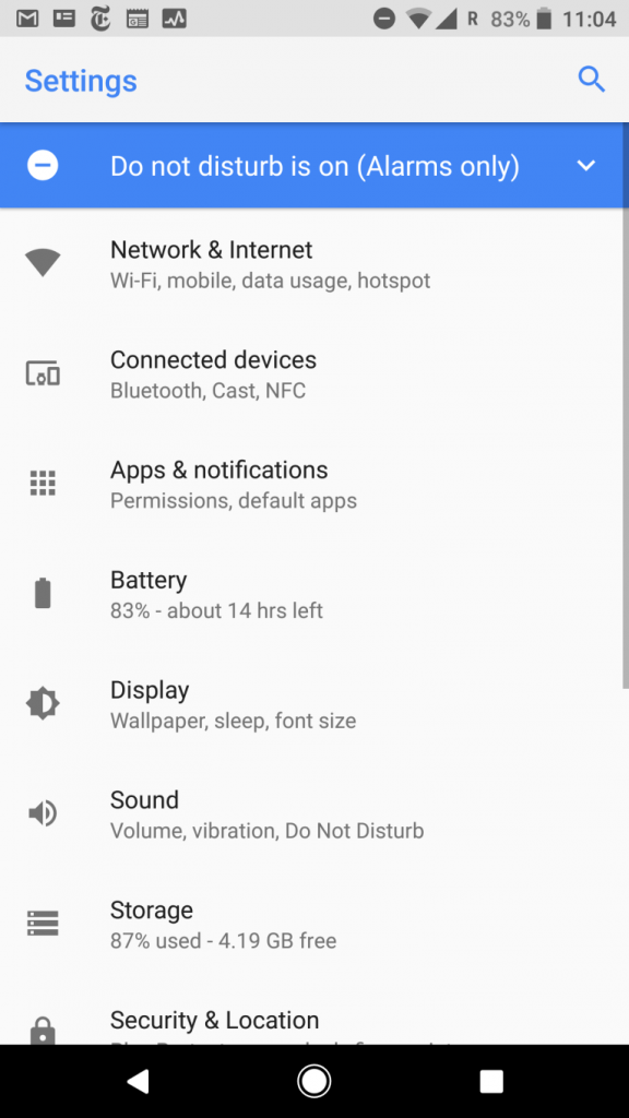 Android Oreo menu impostazioni