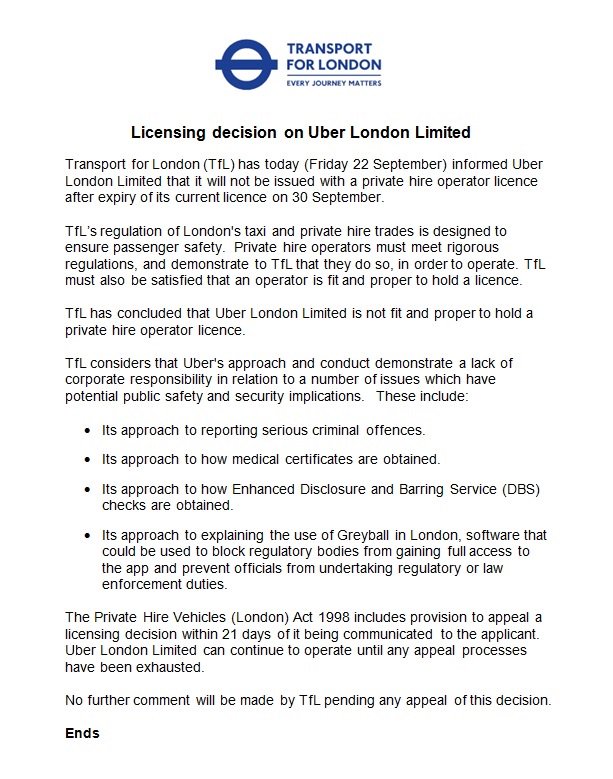 Uber bandita da Londra, la lettera ufficiale della TfL