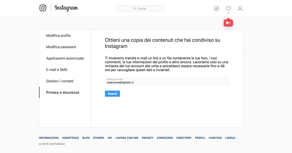 come fare il download dei dati da Instagram