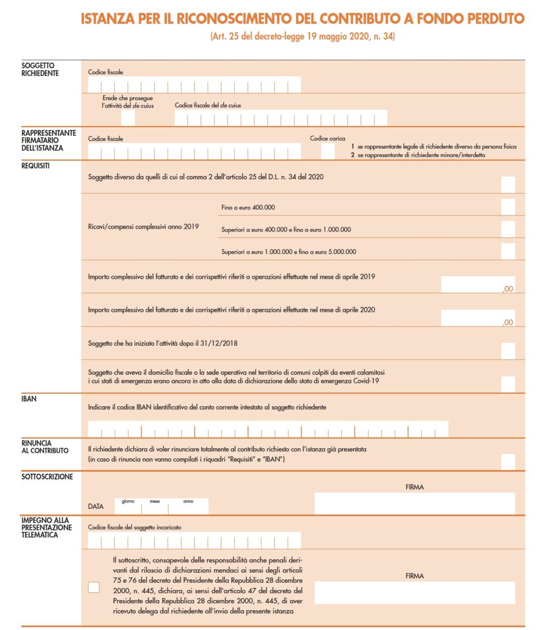 Contributo a fondo perduto modulo per la domanda e tutte le istruzioni