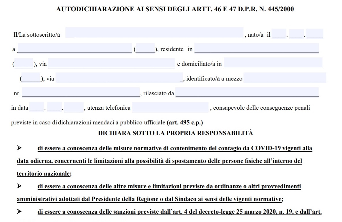 Nuova autocertificazione DPCM: il modulo da stampare per gli spostamenti