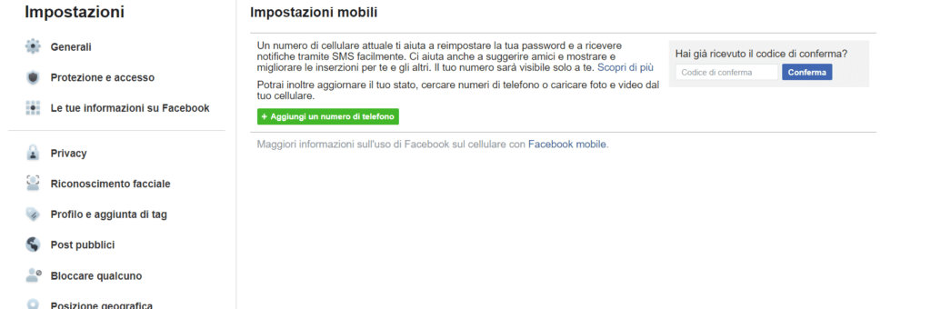 verifica numero cellulare facebook